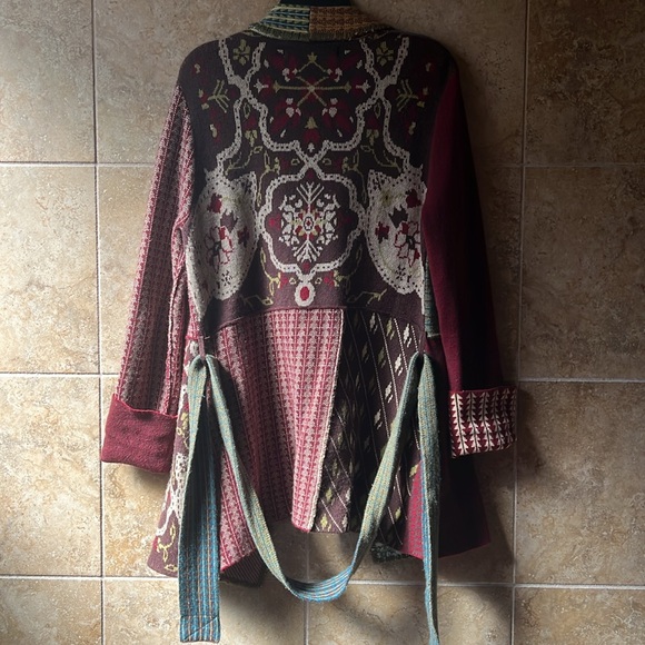 Anthropologie Sparrow Patchwork Jacquard Sweater Coat Belted Cardigan Pockets - Picture 12 of 15